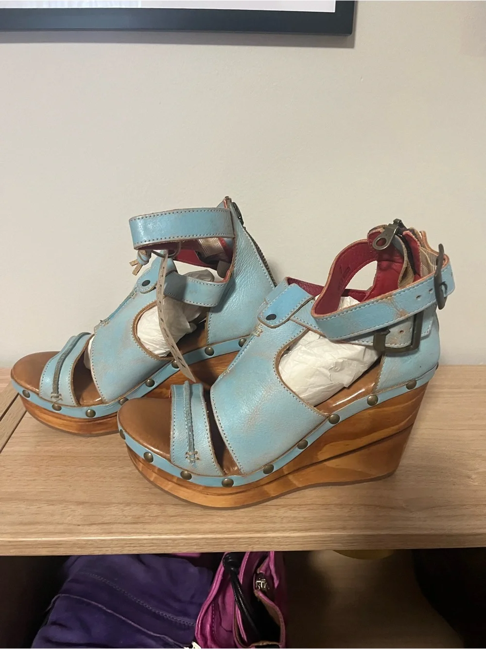 BED|STU Sky Blue Leather Platform Sandals with Ankle Strap - Picture 2 of 7